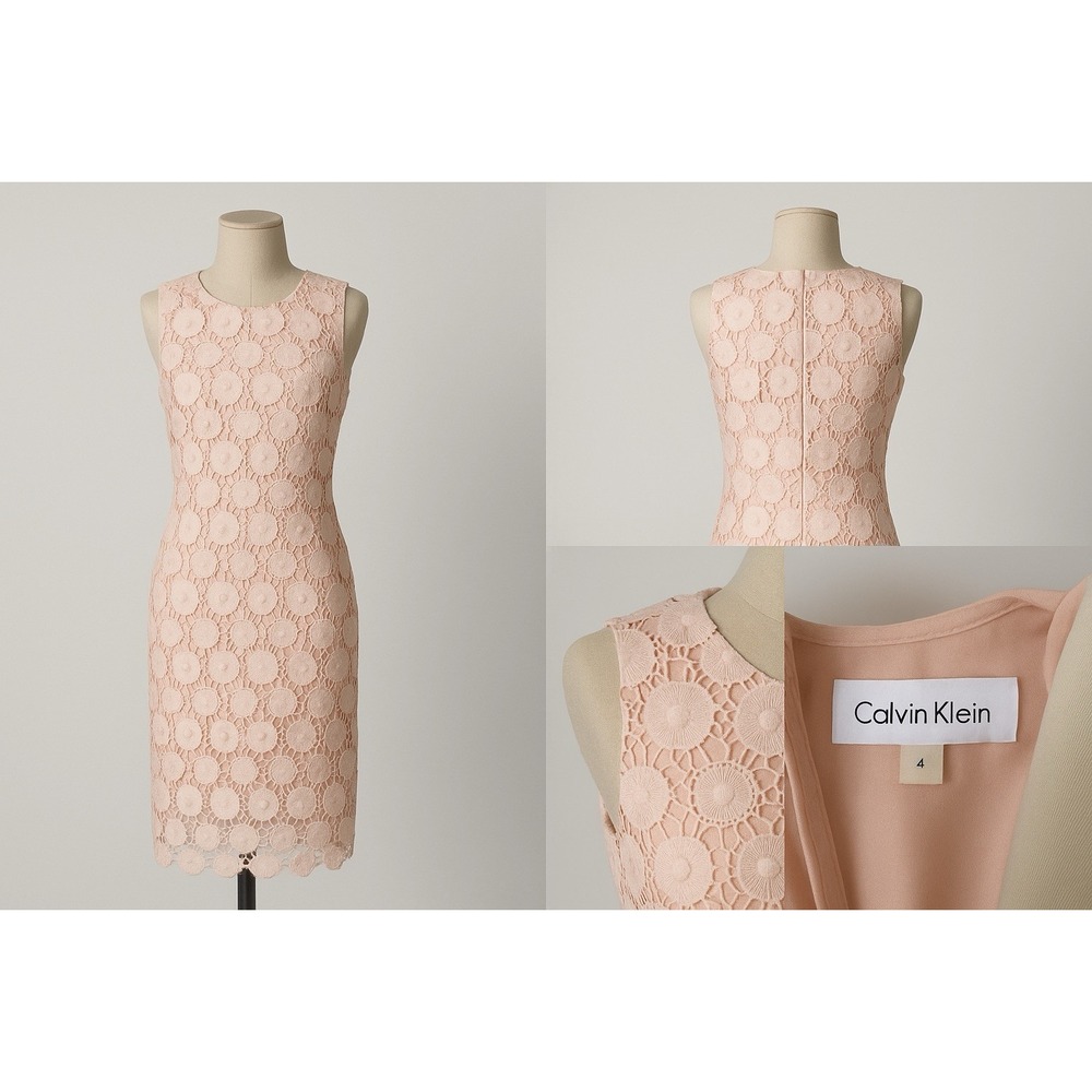 Calvin Klein Blush Floral Lace Sheath Dress Sleeveless Knee Length Size 4‎